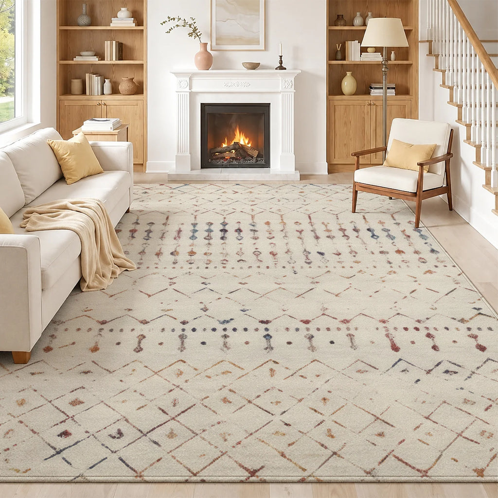 Large Indoor Area Rug, Soft Velvet Low Pile with Non-Slip Dotted Backing, Machine Washable Cream Tribal Geometric Accent Rug for Living Room, Bedroom, Entryway and Dining Spaces