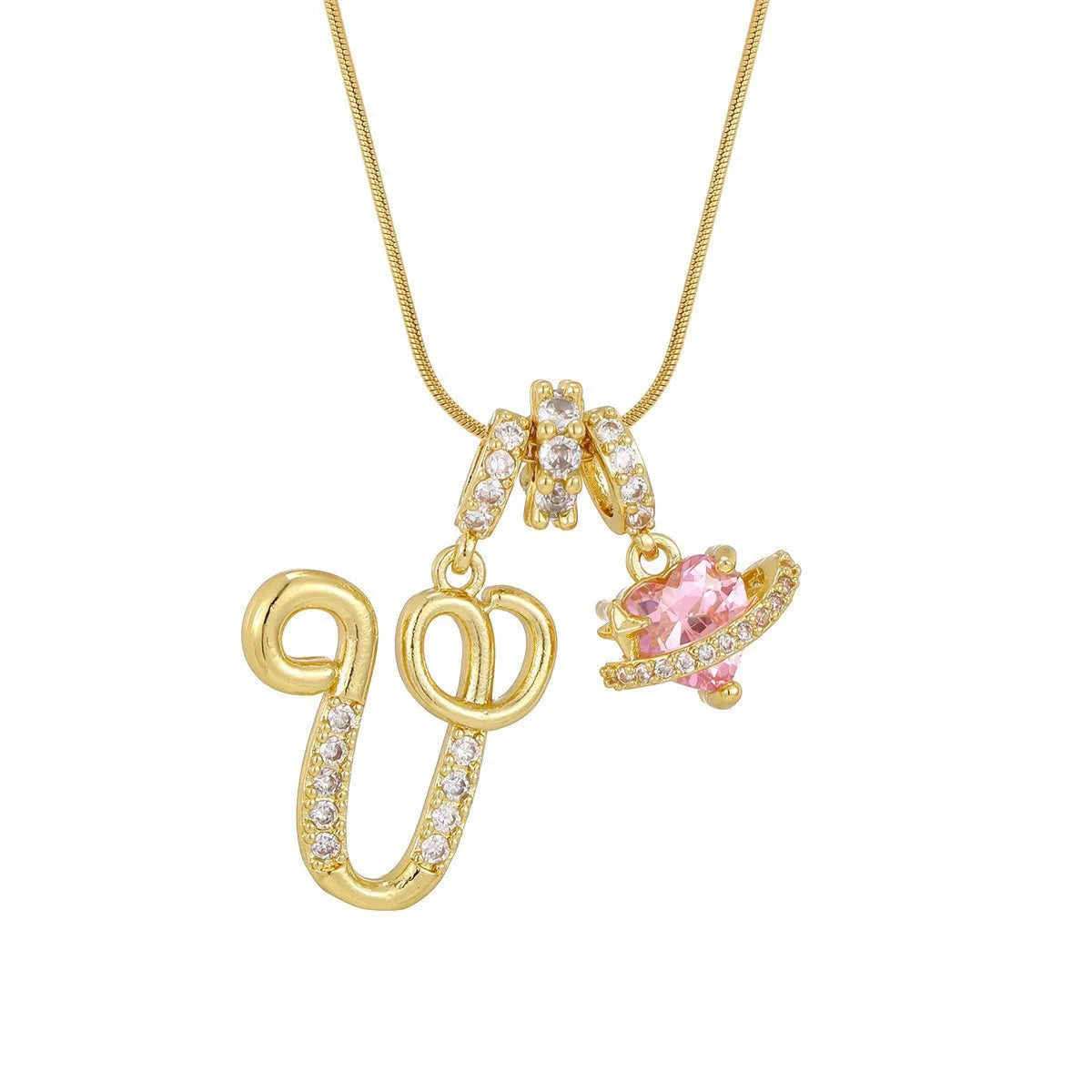 Fashion Letter Necklace Pink for Women  Zircon Heart Pendant Suitable for Personalized Stainless Steel Luxury Jewelry for Girls