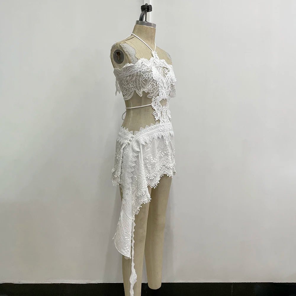 Women Openwork Short Lace Stylish Ruffled mini Dress Halter Neck See-Through Floral Lace Suitable Vacation Nightclub Wear