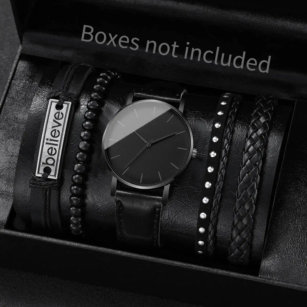 4/5PCS Fashion Leather Strap Men Business Watches Casual Mens Quartz Watch Vintage Bracelets Set Reloj Hombre（Without Box）