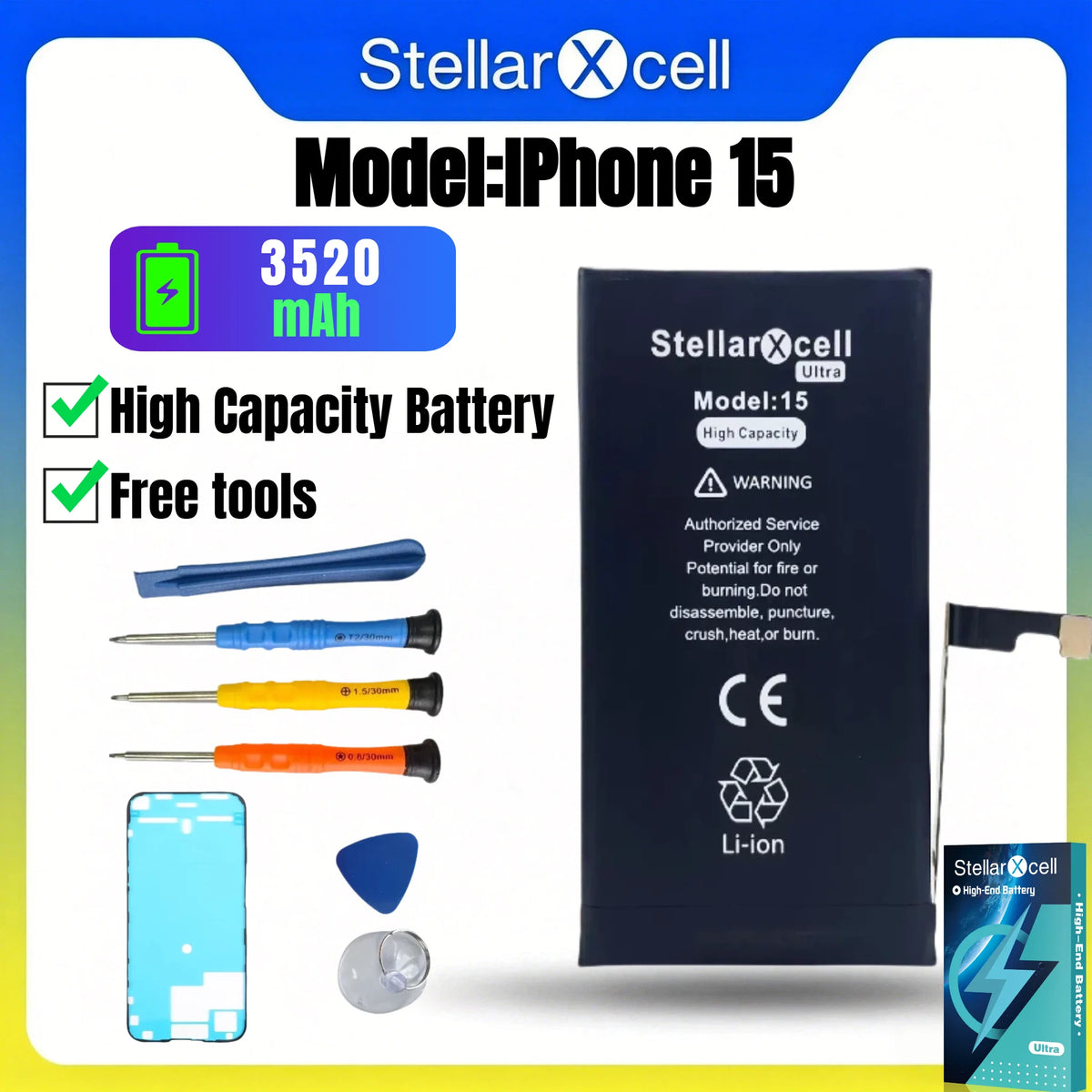 StellarXcell Ultra Original Battery High Capacity Cell for iPhone 7037 TI for 11 12 13 14 15 Pro Plus promax mini with Free Tool