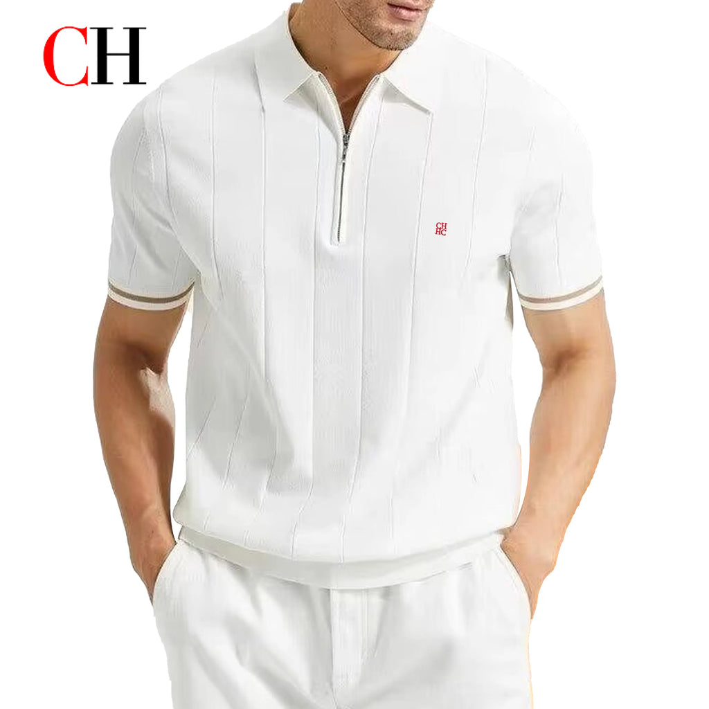 CH Men Vertical Striped Knit Polo Shirt Half Zip Lapel Short Sleeve CH Embroidery Top Breathable Business Casual Summer Male Tee