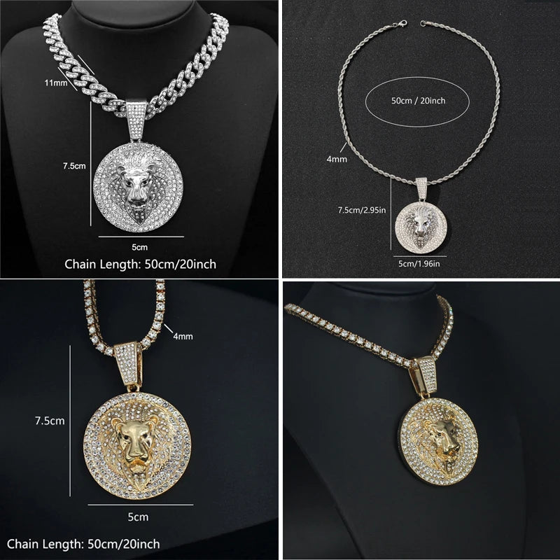 Hip Hop Big Lion Head Pendant Necklace Cuban Chain Necklace For Women Men Iced Out Full Rhinestone Necklace Jewelry Gifts