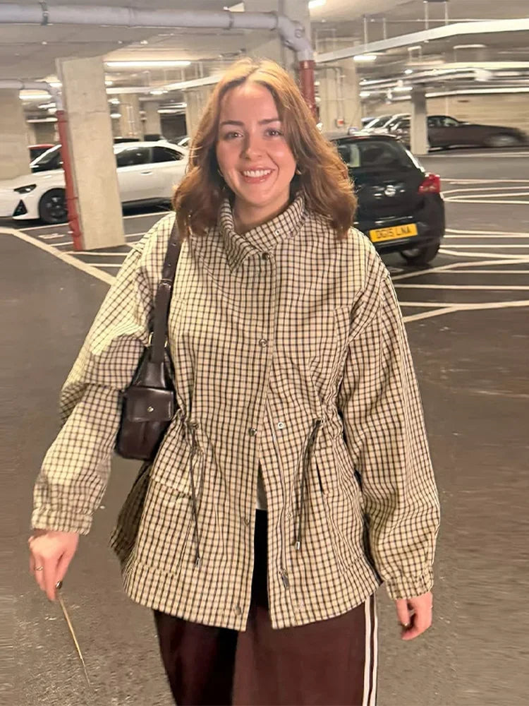 Women Grid Jackets Coat Stand Neck Single Breasted Waist-cinching Drawstring Jackets Female Spring Chic Casual Daily Outwears
