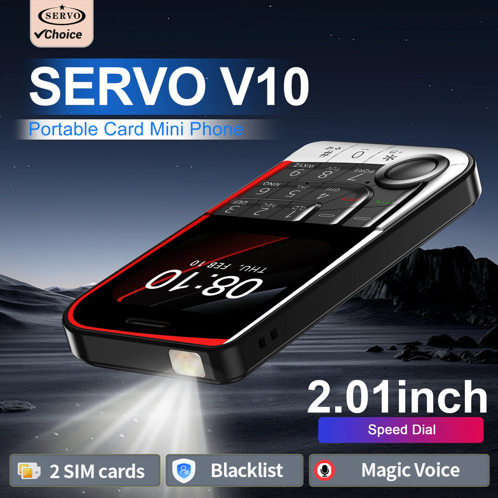 SERVO V10 2 SIM Card Small Mobile Phone Speed Dial Blacklist Flashlight Magic Voice 2.01" Display 2G GSM Button Cellphone Type-C
