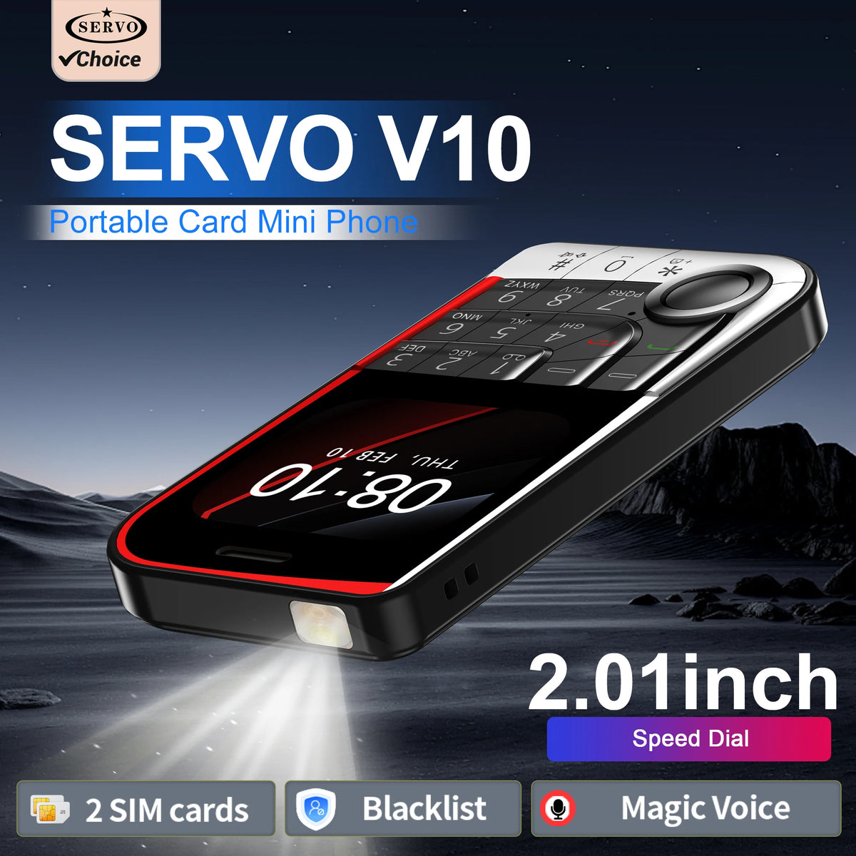 SERVO V10 2 SIM Card Small Mobile Phone Speed Dial Blacklist Flashlight Magic Voice 2.01" Display 2G GSM Button Cellphone Type-C
