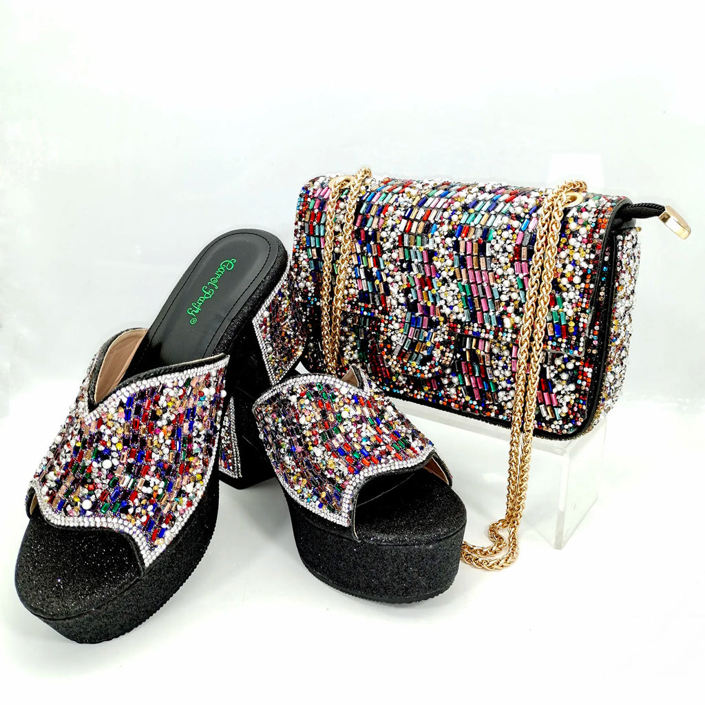 QSGFC Italian Design Fashion Crystal Fish Mouth High Heels Elegant, Exquisite, And Mature Women's Sandals And Square Bag Set