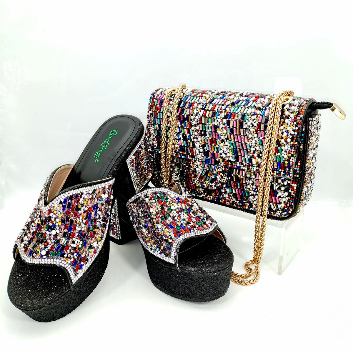 QSGFC Italian Design Fashion Crystal Fish Mouth High Heels Elegant, Exquisite, And Mature Women's Sandals And Square Bag Set