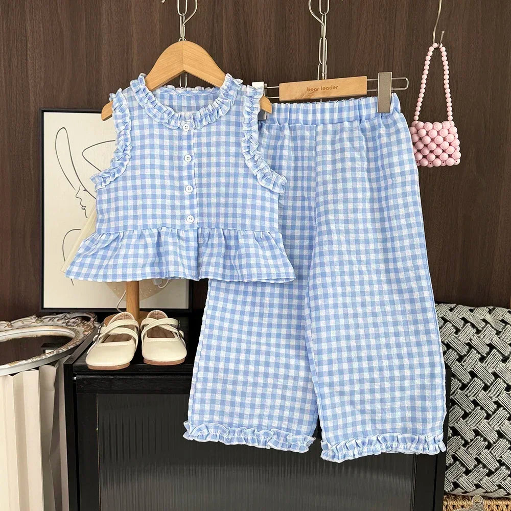 Blue and White Grid Fresh Casual Girls' Clothing Lace Sleeveless Single Breasted Vest+wide Leg Pants Two-piece Set for Summer