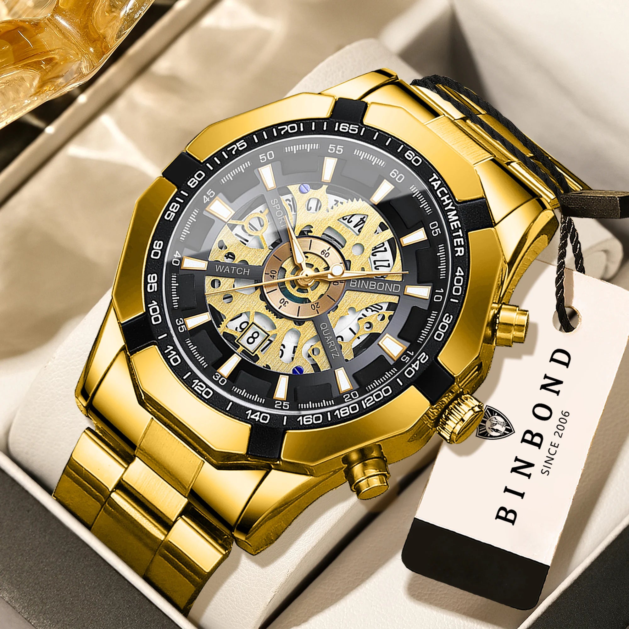 BINBOND Luxury hollow-out quartz wristwatch for men luminous waterproof chronograph men's watch business sport fashion reloj