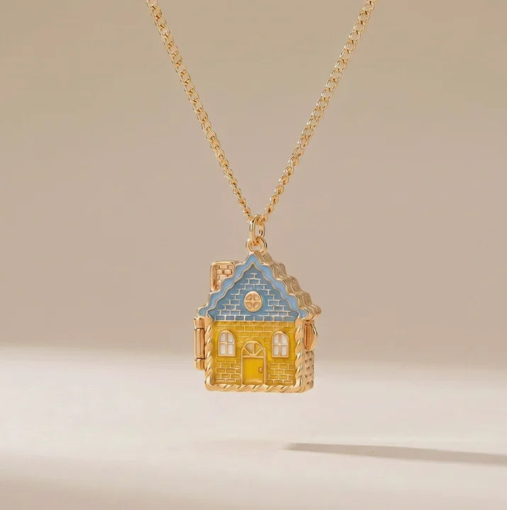 Fairy Tale Gingerbread House Necklace Open and Close Pendant Necklace Women Girls Enamel House Girl Necklace Jewelry Accessory