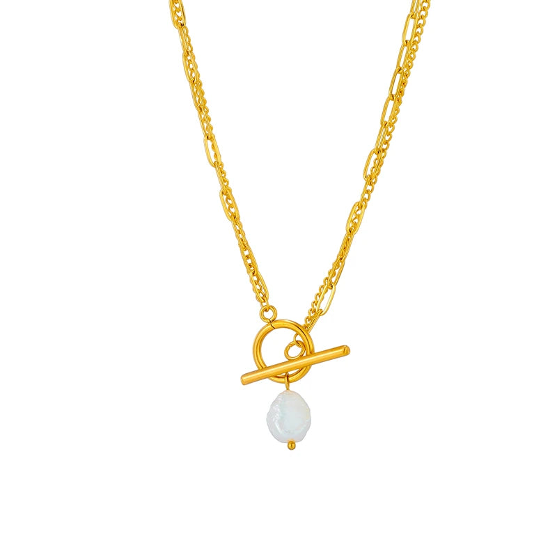 DIEYURO 316L Stainless Steel OT Clasp Large Pearl Pendant Necklace For Women New Girls 2-Layer Chain Jewelry Party Gifts Bijoux