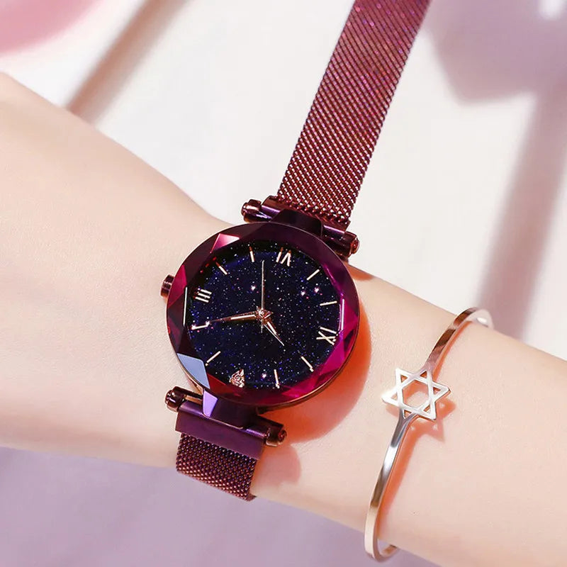 1pcs Moda Feminina Starry Sky Relógios Magnet Buckle Mesh Belt Diamante Quartz Watch Mulheres Vestido Relógio