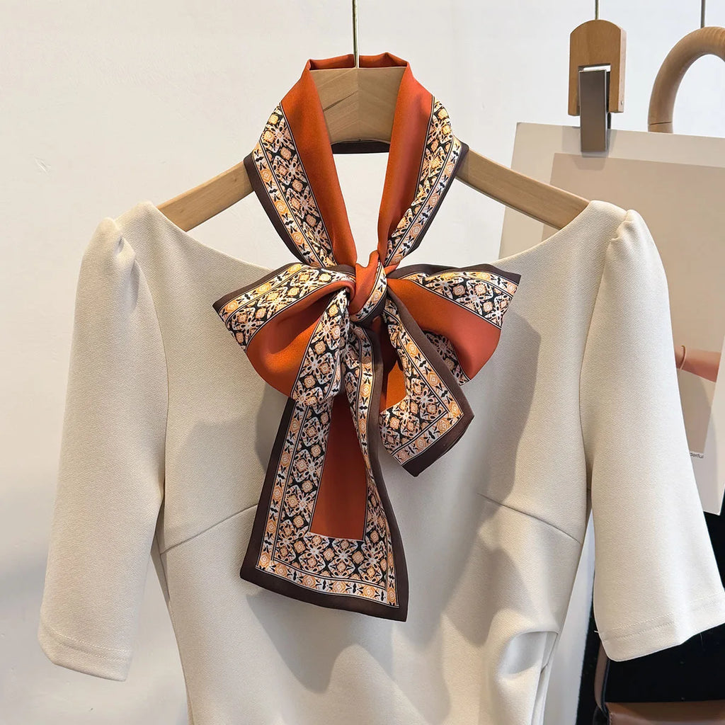 Floral Print 12*145cm Long Ribbon Silk Scarf Women Neck Scarves Headband Female Skinny Neckerchief Hair Band Neck Tie Bag Ribbon