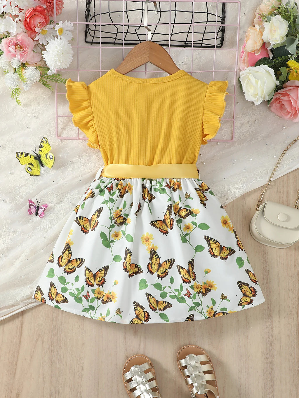 New 2024 Kid Girl Princess Dress Flower Flutter Sleeve Skirt with Bow Summer Lovely Party Clothing for Children Girl 4-7 Years