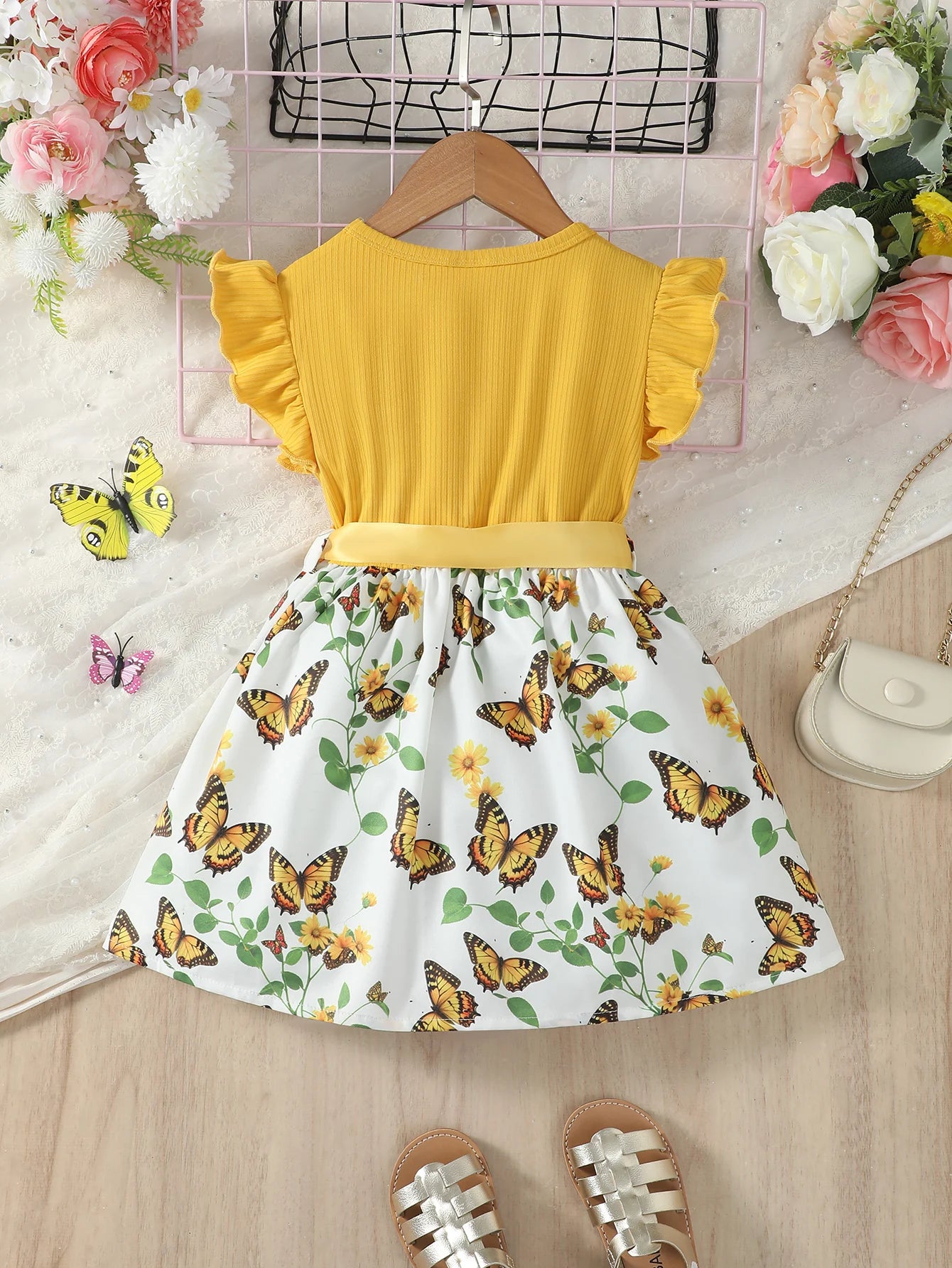 New 2024 Kid Girl Princess Dress Flower Flutter Sleeve Skirt with Bow Summer Lovely Party Clothing for Children Girl 4-7 Years