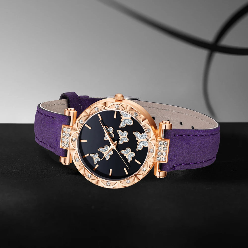 5PCS Purple Women's Watch Set Fashion Trend Butterfly Element Dial Quartz Watch Bracelet Necklace Earrings Set Holiday Gift