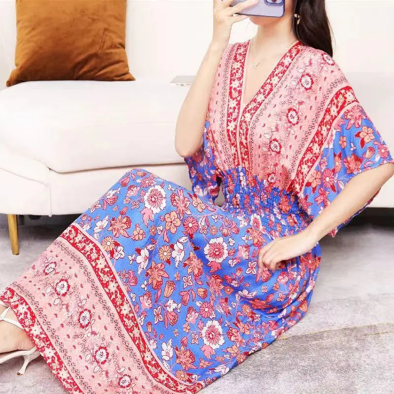 2025 Summer New Casual Elegant Retro Bohemian Style V-neck Elastic Waist Large Swing Printed Long Skirt Autumn Summer Dress