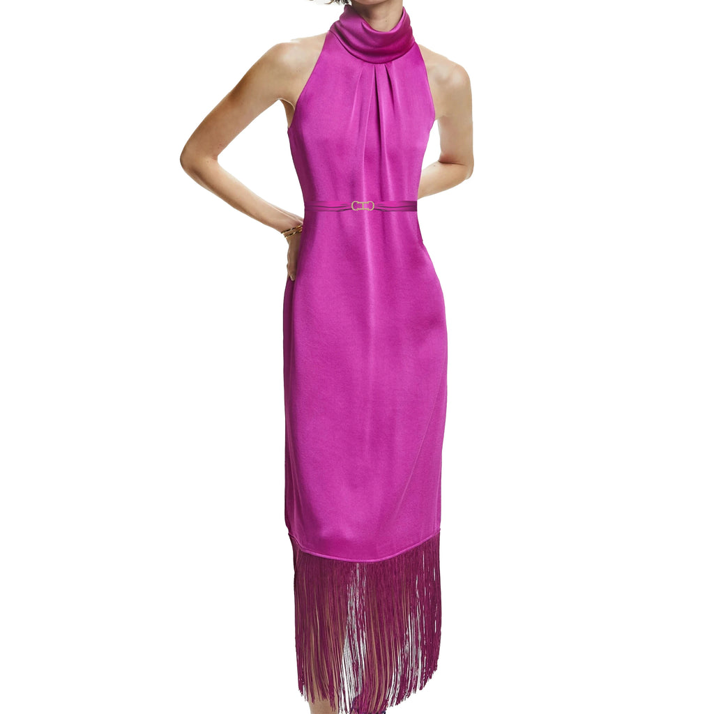 CHCH New Women Party Dress Hanging Neck Style Dress High Collar Sleeveless Fringe Skirt Hem Belt Evening Dresse