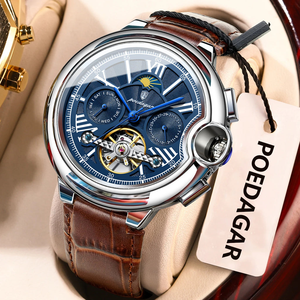 POEDAGAR Luxury Business Male Watch Date Week Stainless Steel Tourbillon Men Clock Waterproof Automatic Mechanical Men's Watches