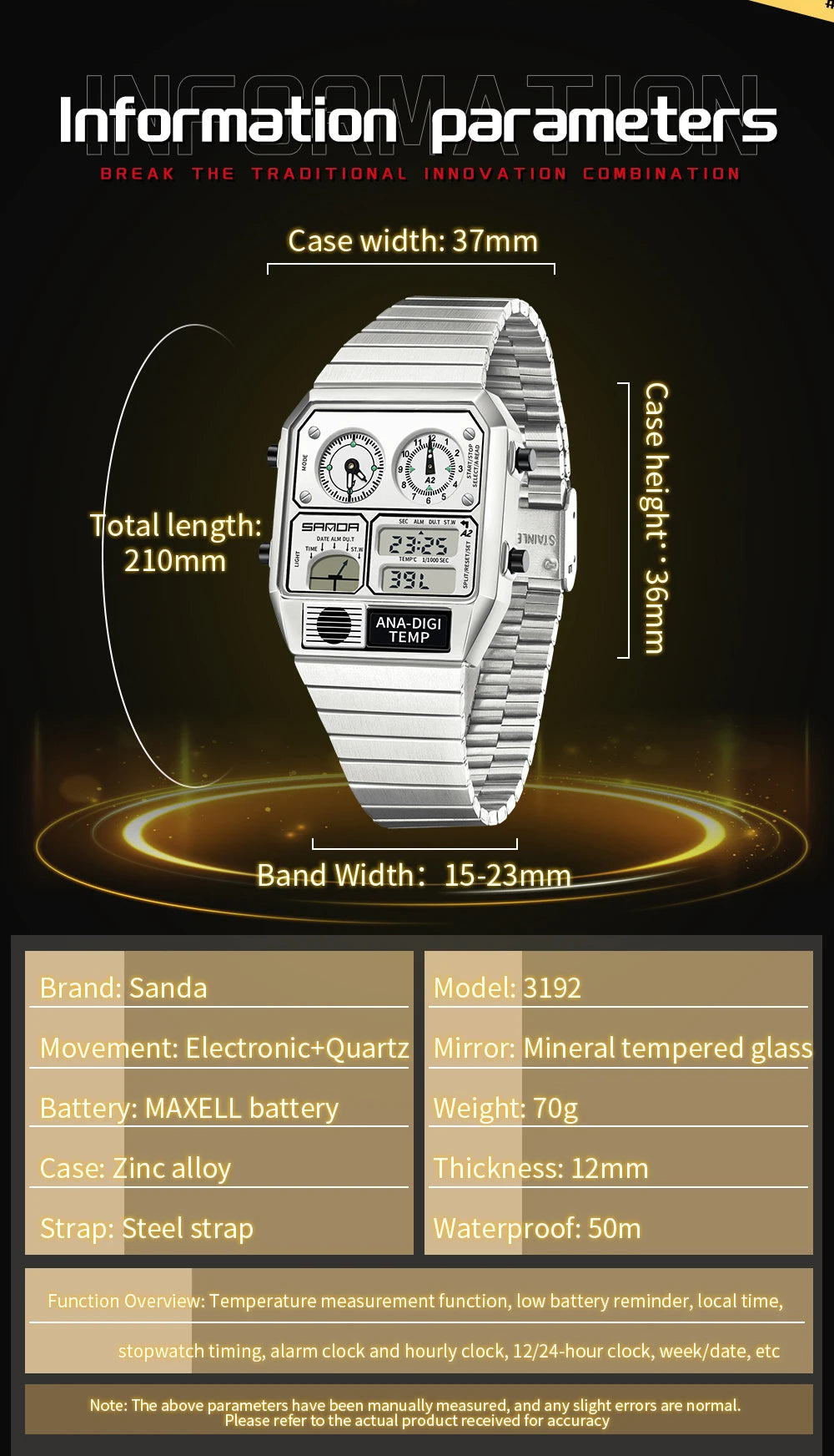 SANDA 3192 hot selling LED electronic square men's youth leisure thermometer stopwatch timing code multifunctional men's watch