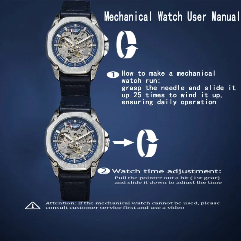 LONGLUX Automatic Watch Sport Style Wholesale Mechanical Wristwatches Fashion Hollow Leather Mens Watch Men Gift