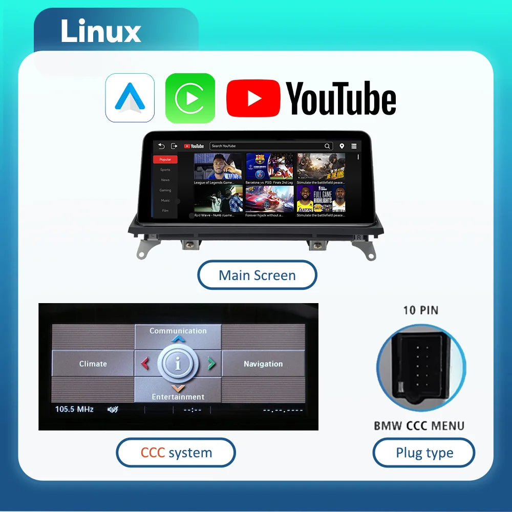 BONROAD 10.25 inch Wireless CarPlay Android Auto With Youtube Airplay Android Auto Linux Car Radio Monitor For BMW X5 X6 E70 E71 CCC CIC system GPS Navigation Multimedia Display Car Stereo Touch Screen