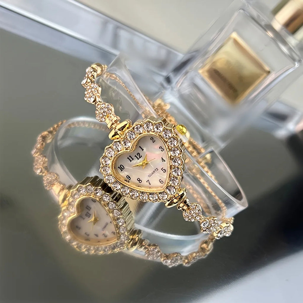 Women's Heart Rhinestone Watch with Sparkling Dial & Golden-Tone Alloy Band - Compact Quartz Wristwatch for Everyday Elegance