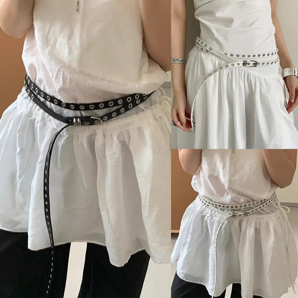 Rivet Eyelet DIY Wear PU Leather Waist Belt Double Circle Waist Chain Knotted Extra Long Thin Waistband Double Layer Hole Belt