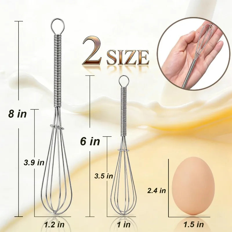 Small Wire Whisk Set of 2, Portable Stainless Steel Kitchen Tiny Whisk & Egg Beater with Thick Wire - Sturdy Mini Mixing Balloon for Cooking, Blending, Whiping, Beating and Stirring (6" + 8")
