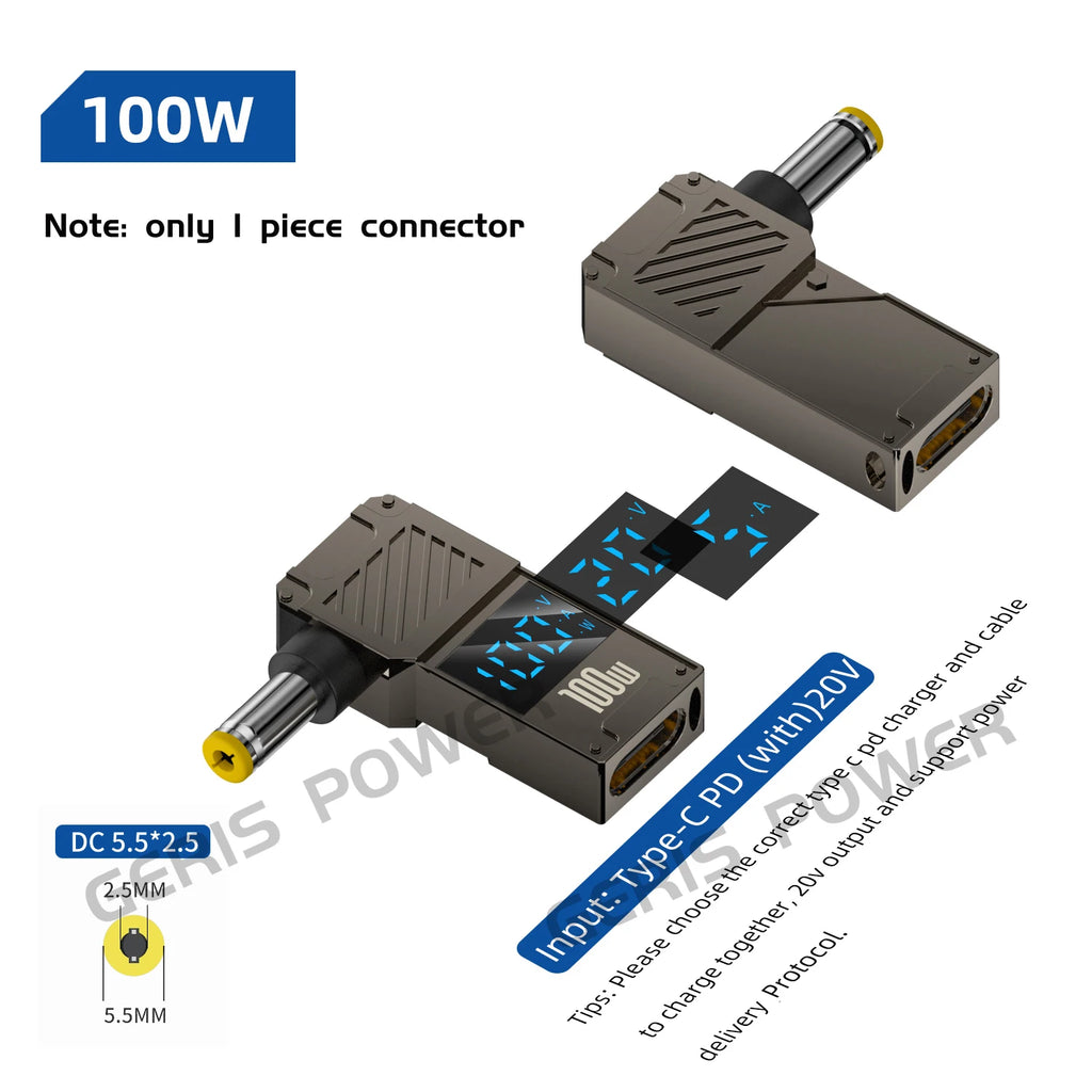LED Display PD 100W Laptop Power Supply Adapter Charger Connector USB Type C PD to DC Jack Plug Converter for Lenovo Hp Dell