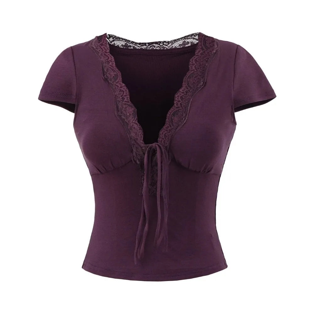 Chic V Neck Slim Crop Tops Short Sleeve Sweet Bottoming T-shirt Lace Elastic Camisole Streetwear