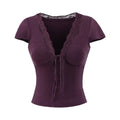 Chic V Neck Slim Crop Tops Short Sleeve Sweet Bottoming T-shirt Lace Elastic Camisole Streetwear