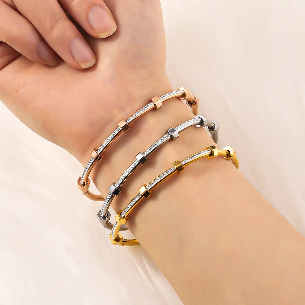Trendy Round Cubic Zirconia Bangles For Women Men Gold Color Silver Color Stainless Steel Crystal Bangle Party Jewelry