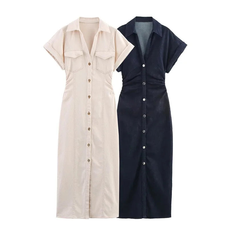 New Long Dresses 2025 Woman Fashion Summer V-neck Single Breasted Slim Fit Denim Skirts Women's Clothing Tops