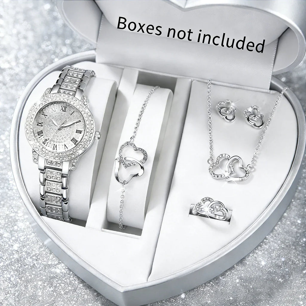 5pcs women's watch set, fashionable and casual women's quartz watch and necklace, ring, earring accessory set