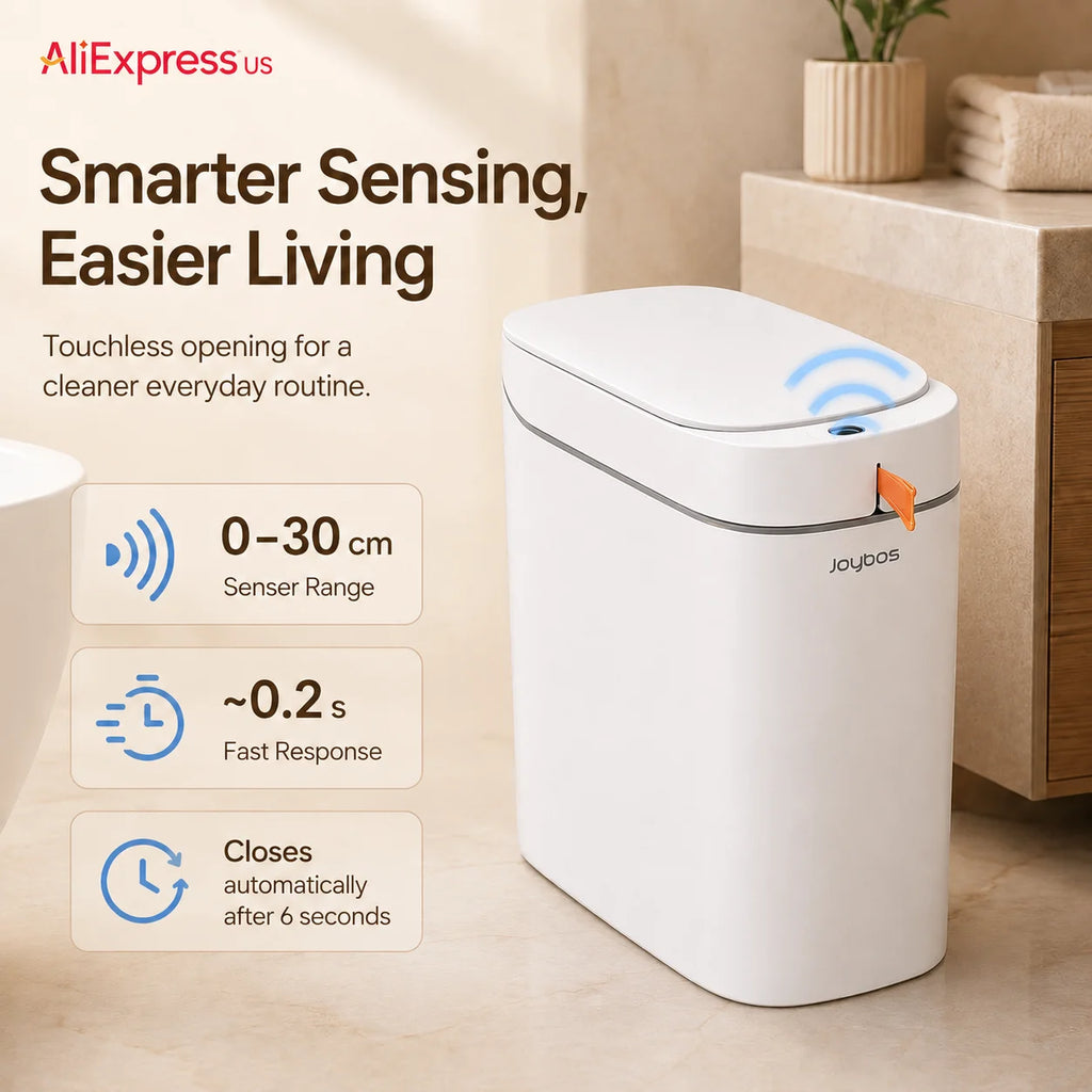 Joybos Smart Trash Can with Auto-Lining, Touchless Sensor Garbage Bin + Free Drawstring Bags, No-Mess Pull & Lift Wastebasket