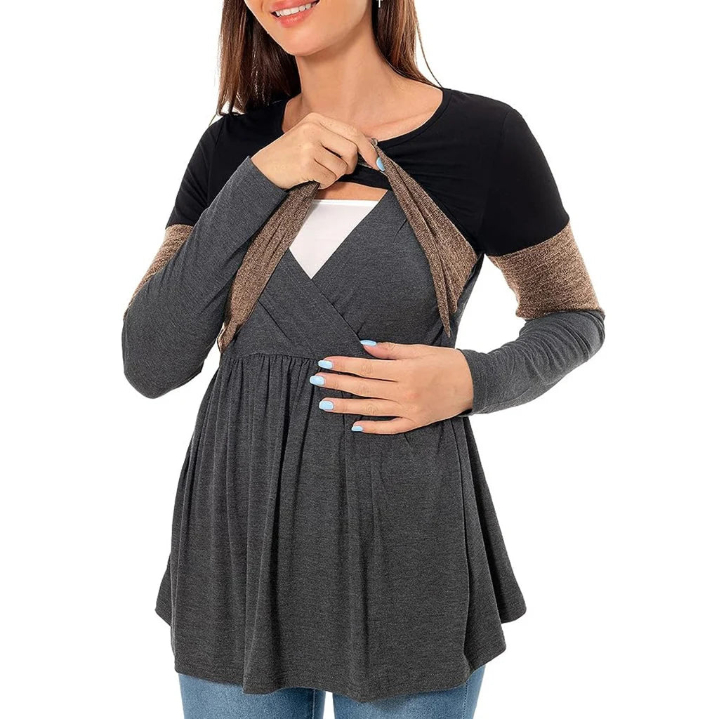 Maternity Nursing T Shirt Pregnant Womens Long Sleeve Patchwork Nursed Tops Blouse For Breastfeeding Pregnancy Clothes Pullover