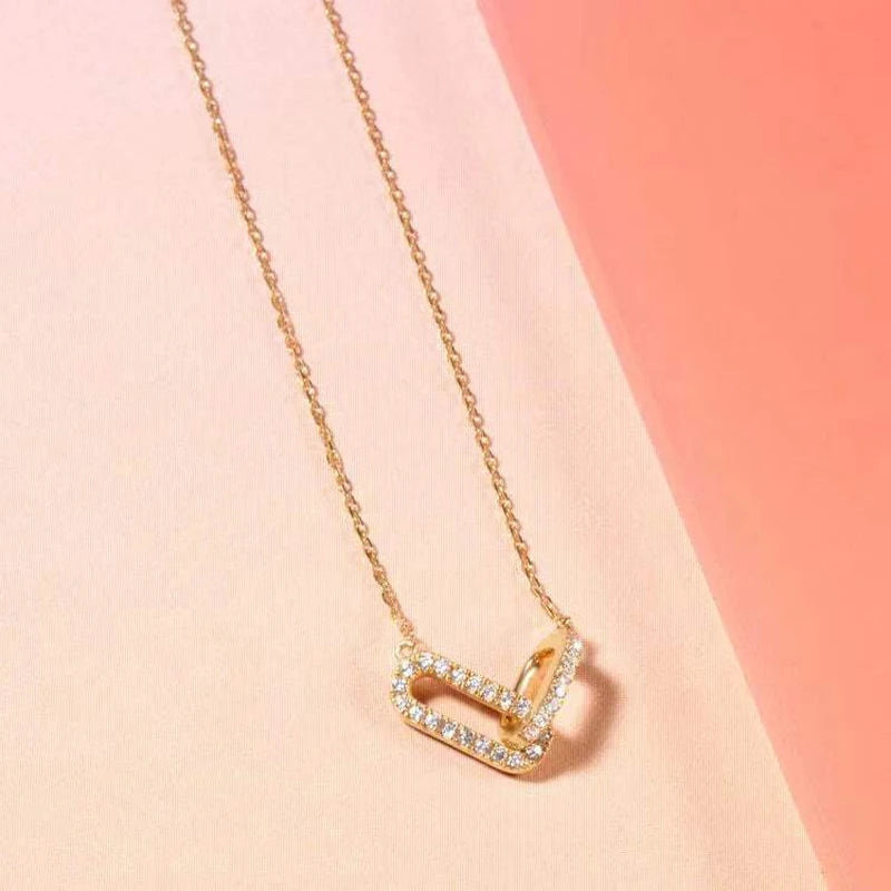 New 925 Sterling Silver Shiny Rectangle Double Zircon Circle CZ Zirconia Necklaces Pendants Gift For Girl Choker NK232