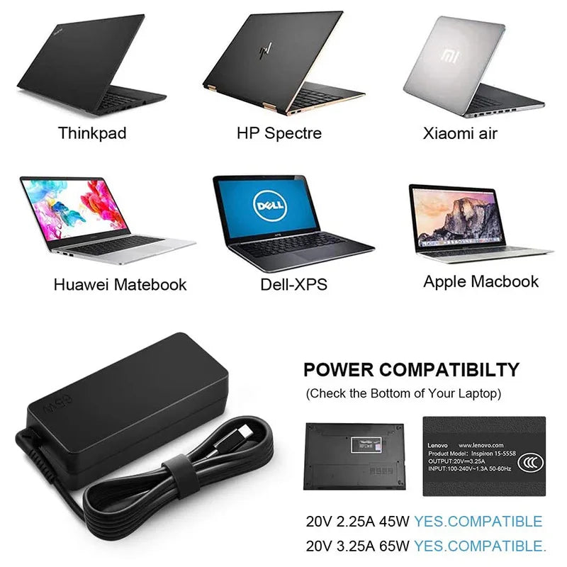 Notebook Power Adapter 65W 20V3.25A Laptop Charger with Type-C Interface Compatible with EU Plug for Part ASUS/Lenovo/HP Laptops