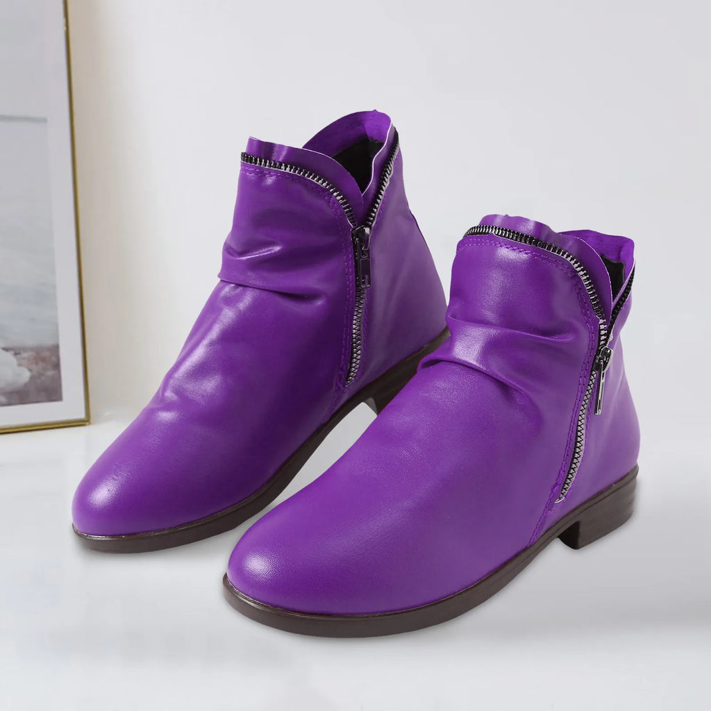 Women Boots Leather Ankle Boots Flat Shoes Autumn Winter Snow Boots Platform Zipper Up Punk Boots Square Heel Ladies Shoes