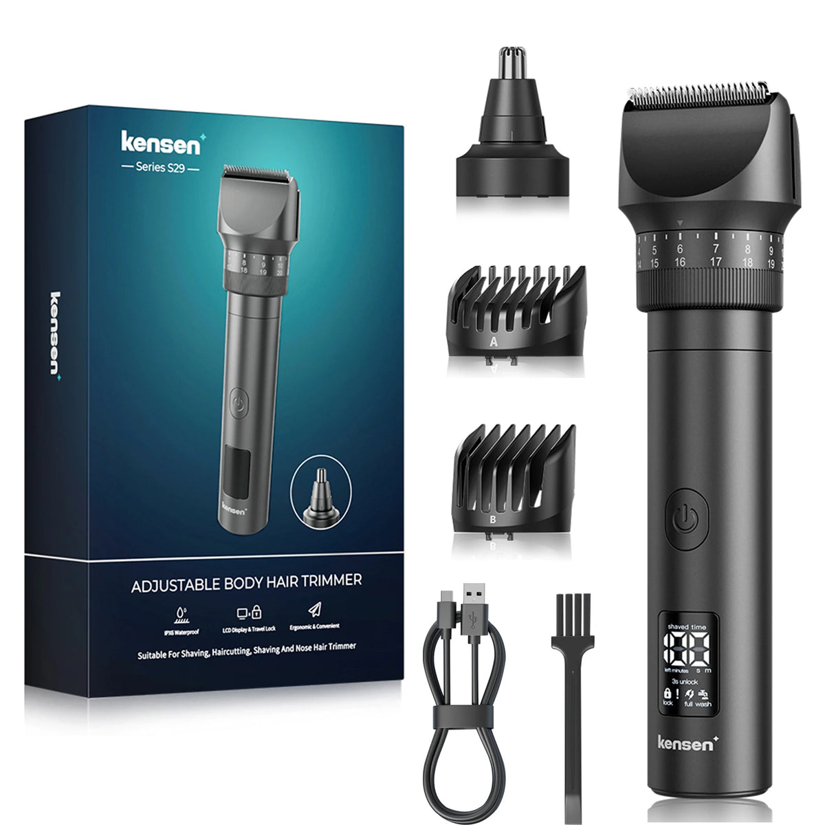 Kensen S29 Hair Trimmer for Men 2 in 1 Adjustable Hair Clipper Kit Electric Razor Dry/Wet Hair Cutting Machine Nose Hair Trimmer