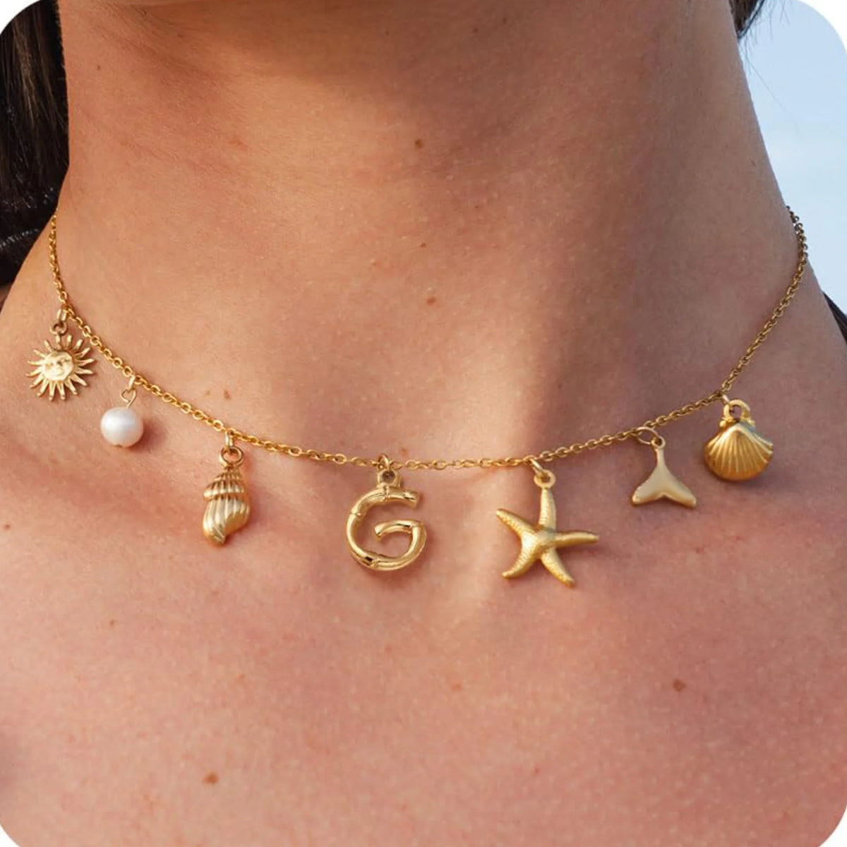 MHS.SUN Starfish Shell Initial Necklace Waterproof 18K Gold Plated Stainless Steel Charm Necklaces Surfer Girl Summer Beach Gift