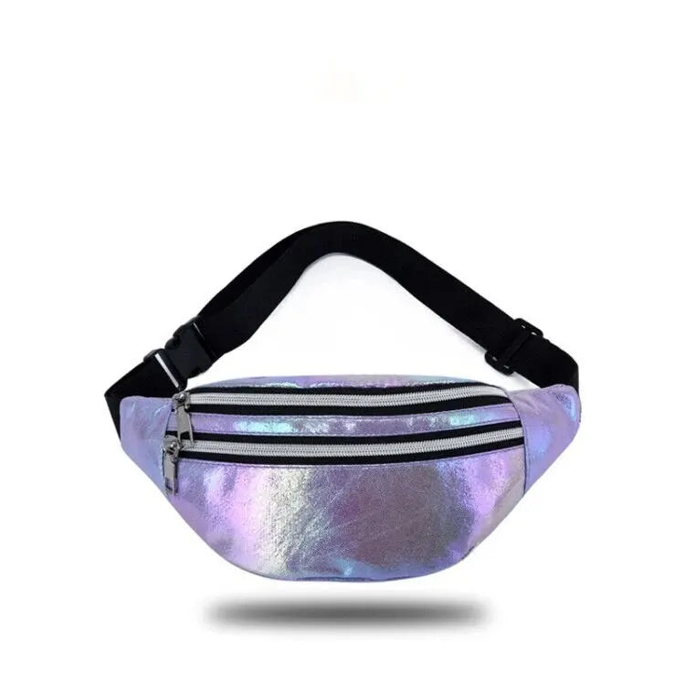 DX Holographic Fanny Pack Hologram Waist Bag Laser Beach Travel Banana Hip Bum Zip Waist Bags Women Belt Bag For Girls