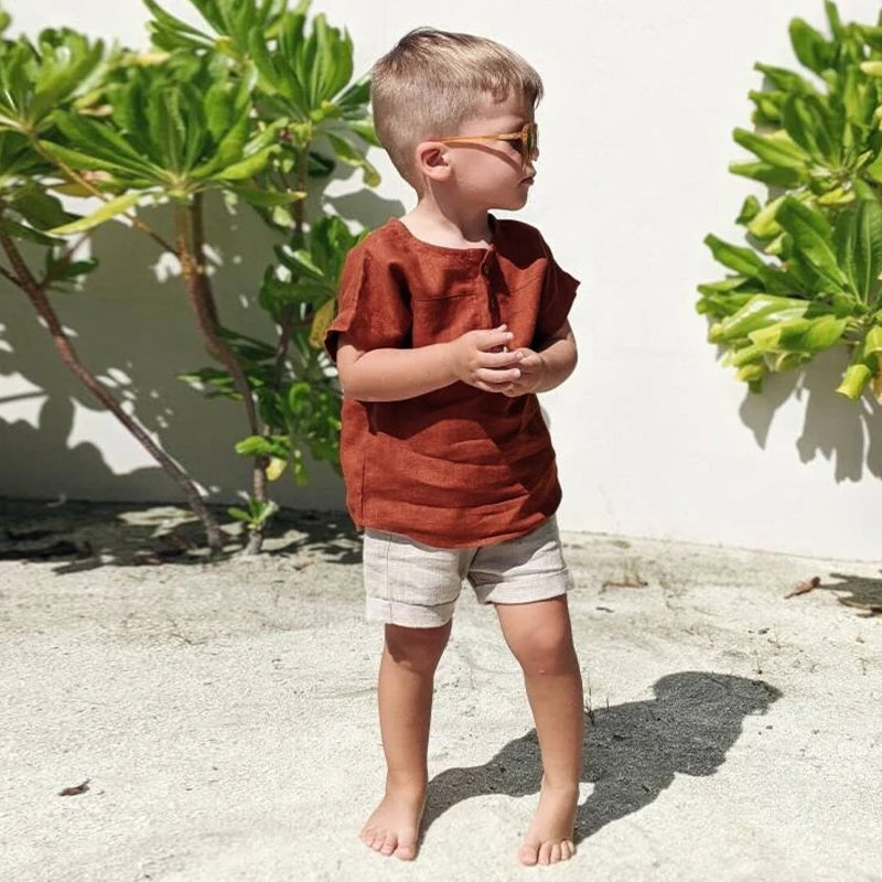 Boys Cotton And Linen Striped Casual T-Shirt 2026 Summer New Children's Round Neck Buttons Short-Sleeved Linen Tops TZ417