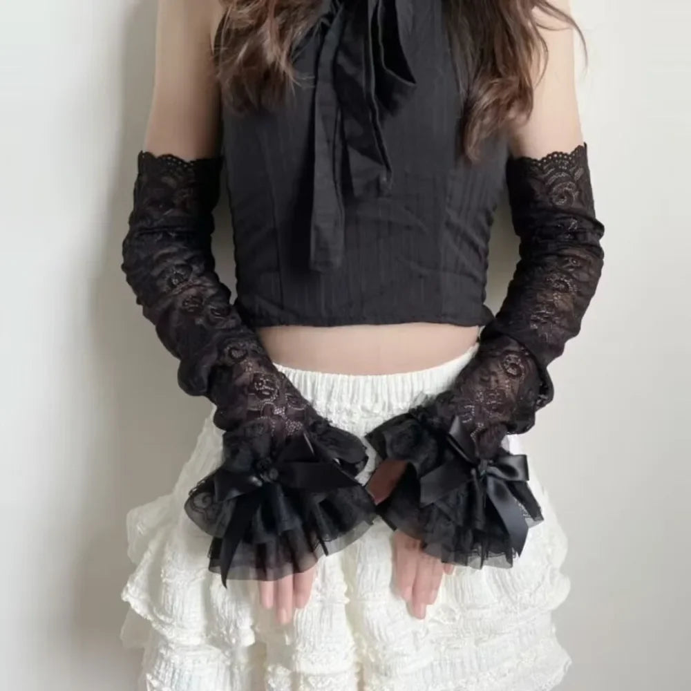 Graceful Lace Bowknot Womens Sleeve Sun Protection Hollow Out Lace Fingerless Gloves Y2K Bridal Wrist Gloves