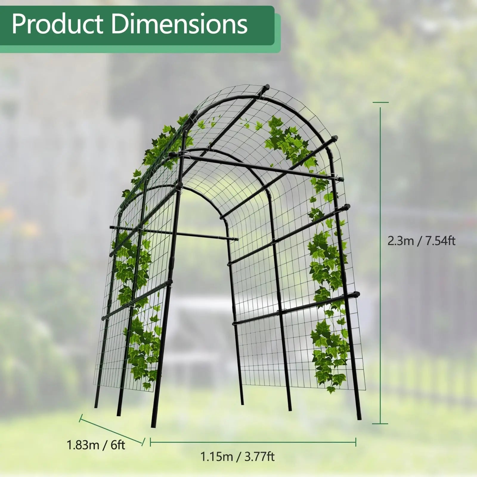 Metal Garden Arch Trellis, 7.6Ft Black for Raised Beds, Plant Support for Cucumbers & Climbing Vegetables with 7 Horizontal Pipe