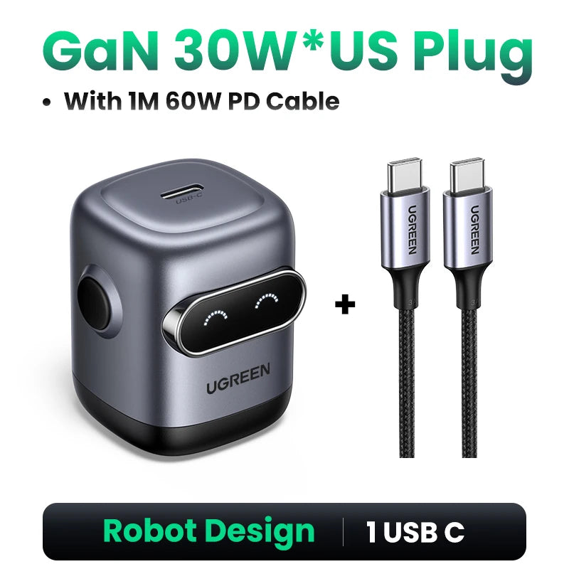 【US Plug】UGREEN 65W 30W GaN Charger Robot Design QC4.0 3.0 PPS for iPhone 18 17 16 Pro Macbook Laptops Tablet PD3.0 Fast Charg