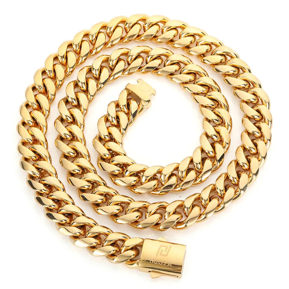 Hip Hop PVD Plated Stainless Steel Cuban Necklace with Snap Clasp Men Miami Cuban Link Chain Jewelry For Women's Free Laser Logo