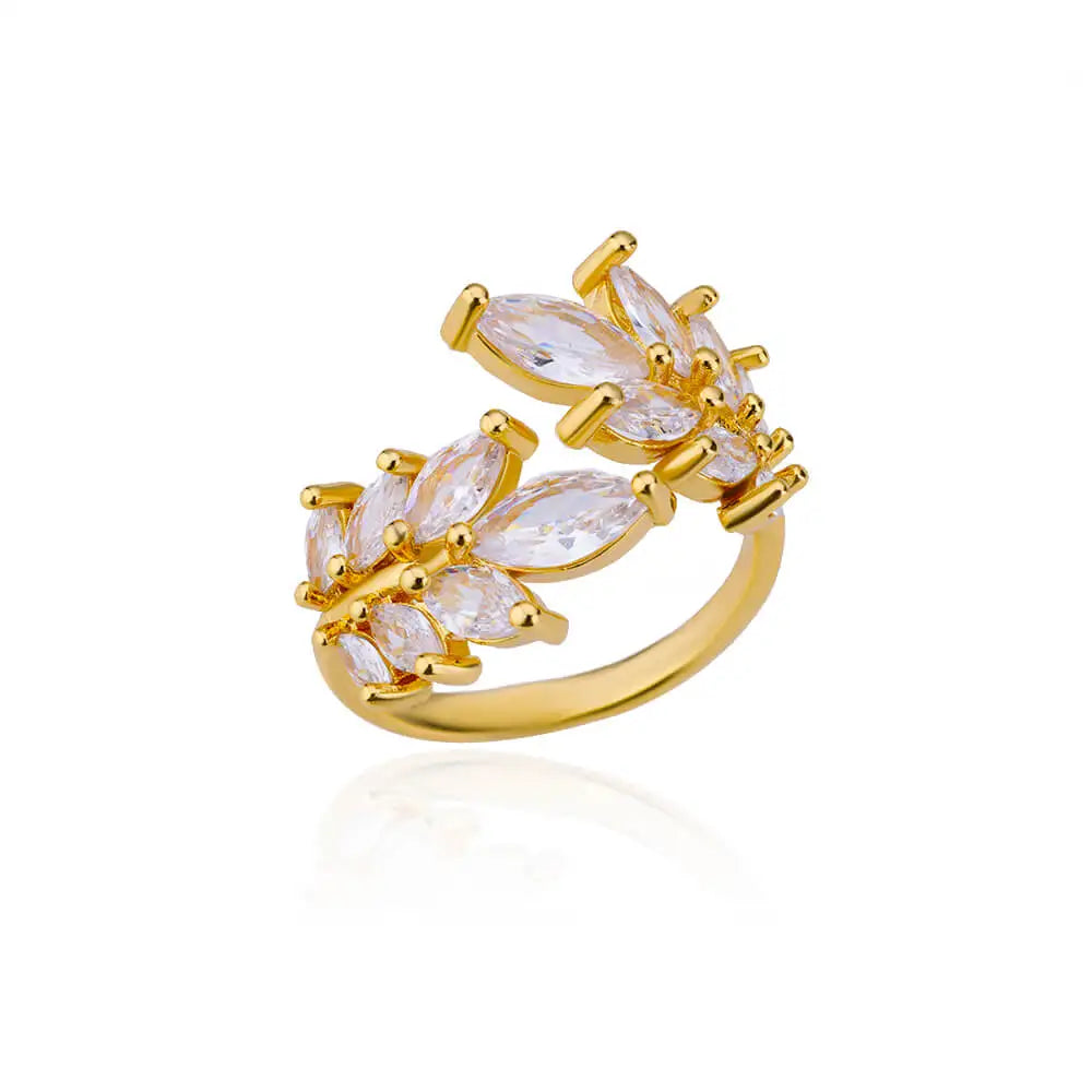 Luxury Zircon Double Layer Leaf Rings For Women Gold Color Stainless Steel Ring Boho Couple Jewelry Accesorios anillos mujer